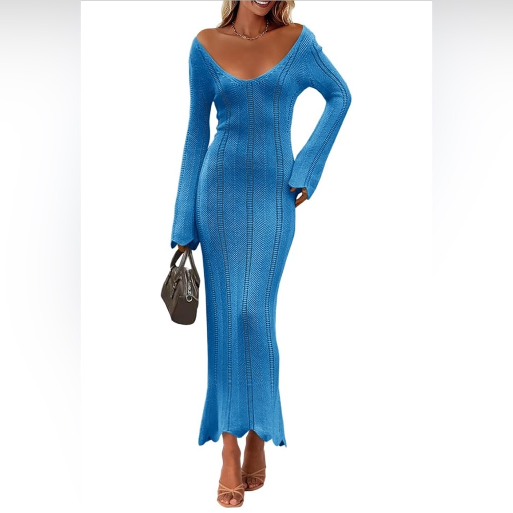Elegant Blue Crochet Maxi Coverup Dress